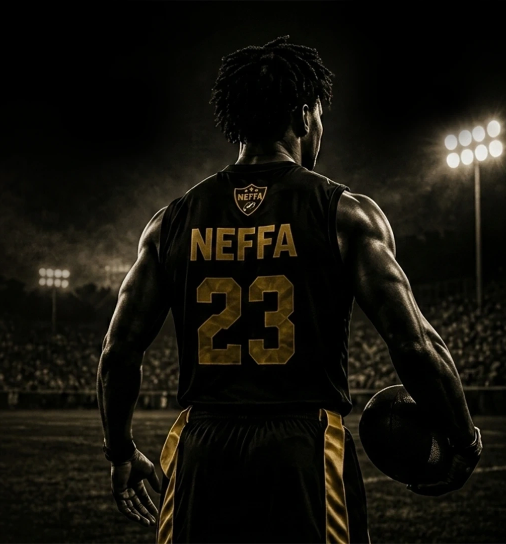 Basketball player holding ball under stadium lights.