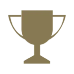 Gold trophy icon on black background.