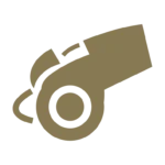 Gold whistle icon on black background.