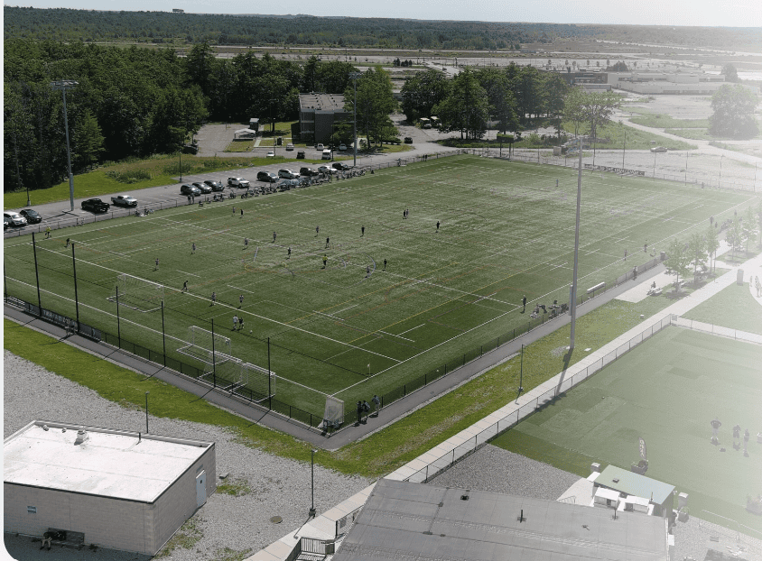Aerial view of soccer field with players
