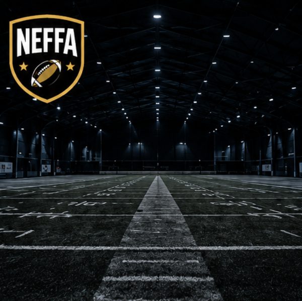 NEFFA logo over indoor football field