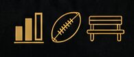 Gold icons: bar chart, football, bench